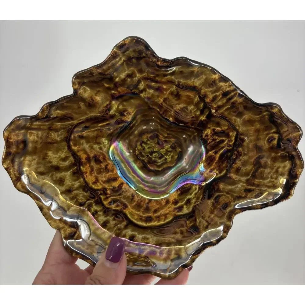 Iridescent Art Glass Oyster Shell Bowl Gold Base Trinket Dish 9.5” Candy Vintage